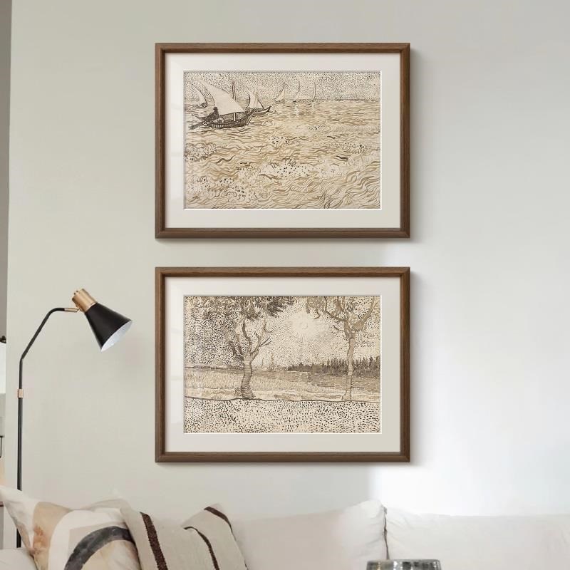 梵高素描风景画组合画法式复古艺术厅客装饰画中古风斗关玄柜挂画