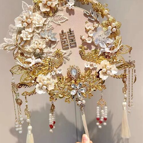 新娘结婚团扇双面双色中式婚礼秀禾服高级重工手工diy材料包喜扇