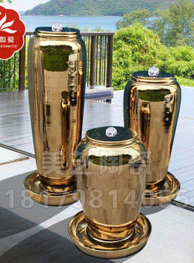 欧式奢华冒水坛子摆件金色陶瓷循环流水大花瓶喷泉陶罐鱼缸储水器