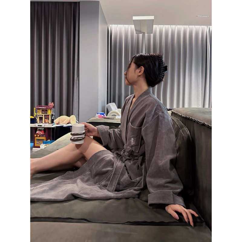 DOUBLE OO五星级酒店浴袍情侣中长款纯棉毛巾料睡袍长款全棉吸水