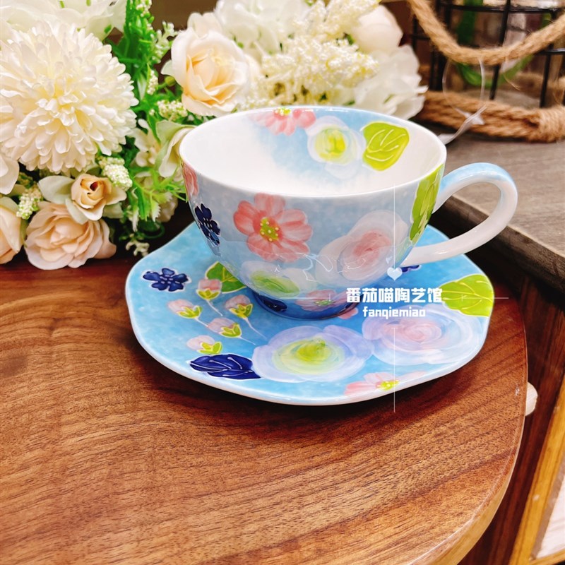 濑户烧咖啡杯套装陶瓷杯子水杯奶茶杯下午茶杯碟釉下彩家用餐具