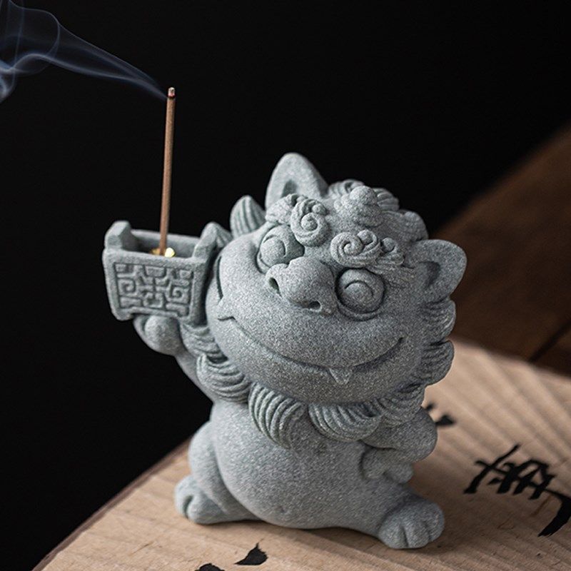 中式招财风狮香香薰炉装插茶宠摆件创意举柿无双石狮子桌面爷饰品