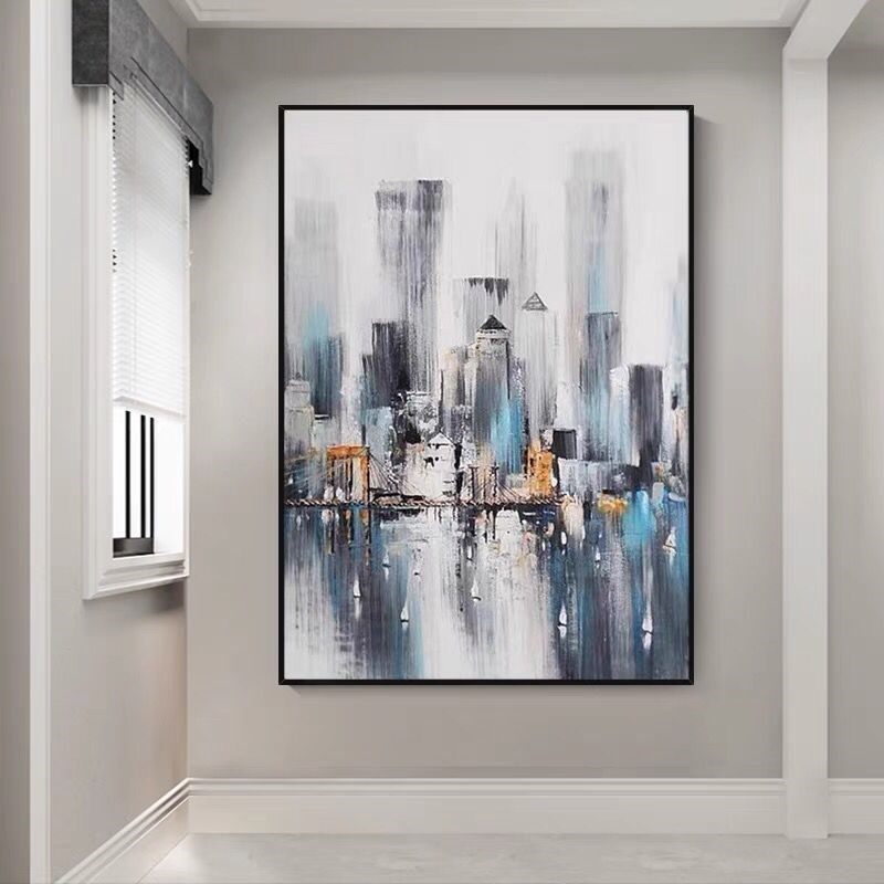 手绘油画玄关背景墙城市夜景东方明珠抽象装饰画现代餐厅客厅挂画