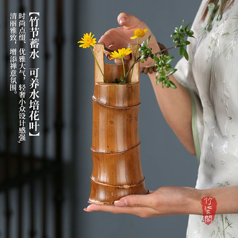 中式手工竹根插花花器禅皿水意竹筒竹根花瓶培花盆茶室摆件