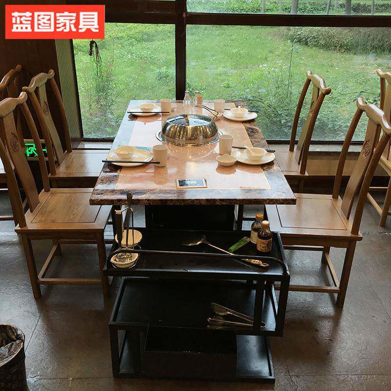 实木大理石火锅桌商用电磁炉无烟串串桌蒸汽海鲜锅桌一体可定制