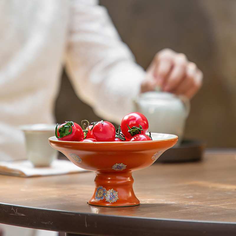 松石绿皮球花果盘壶承小团花茶盘茶壶高足干泡盘点心盘茶道配件