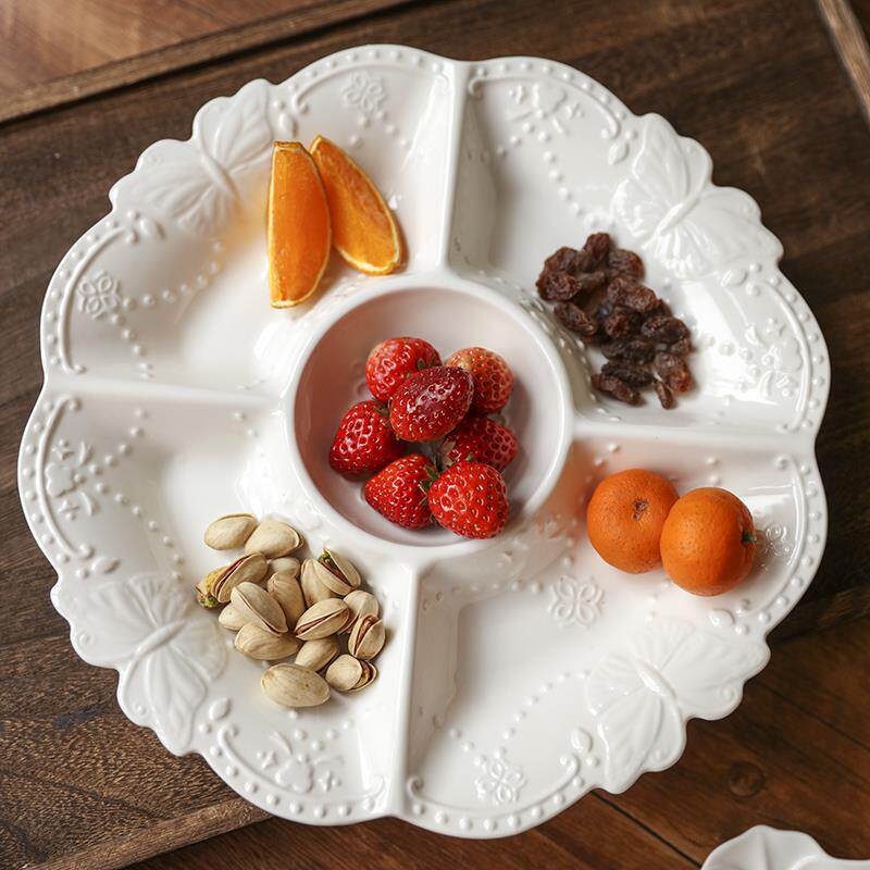 欧式浮雕陶瓷果盘家用客厅干果盘过年零食盘糖果坚果盘子分格盘