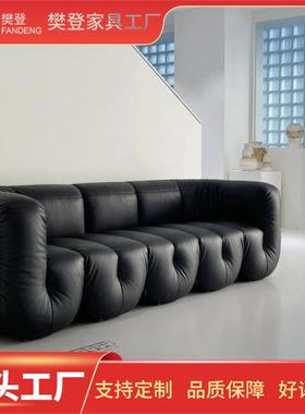 意大利民宿接待展厅复古黑皮艺沙发北欧中古S707拳头U型模块沙发