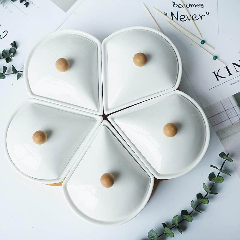 陶瓷带盖组合干果盘白色坚果分格陶瓷收纳盘 家居摆饰