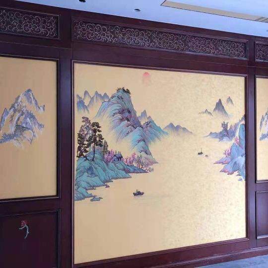 独绣山水壁布墙布新中式沙发客厅电视新品独秀背景墙壁画刺绣墙纸