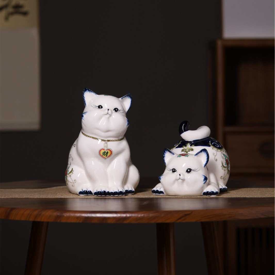 可爱小猫咪摆件青花陶瓷摆件装饰品微景观动物陶瓷工艺品礼品对猫