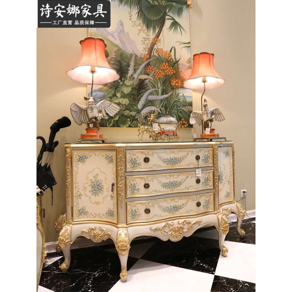 奢华法式欧式重工手绘玫瑰花卉米白色玄关台沙发靠台玄关柜
