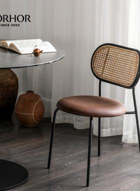 北欧表情NORHOR/中古风/TOBE手工藤编金属皮面软包金属靠背餐椅K
