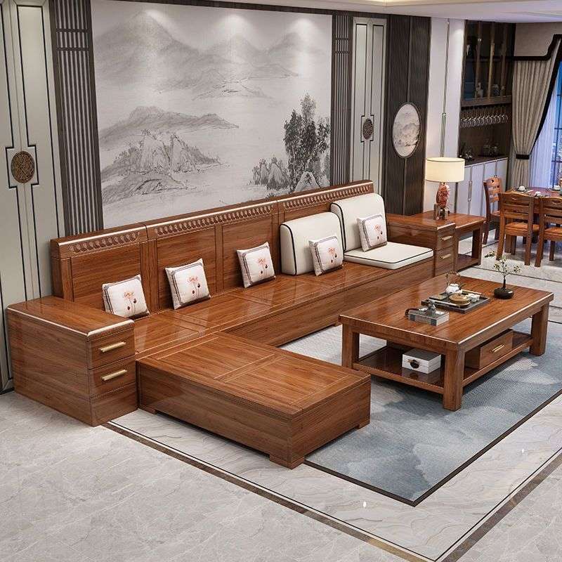 新中式金丝胡桃木实木沙发客厅大小户型冬夏两用高靠储物沙发组合