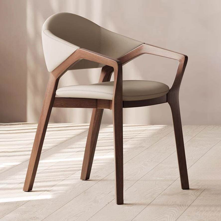 中古风餐椅椅子实木家用高级感白蜡木休闲椅真皮扶手椅凳子带靠背