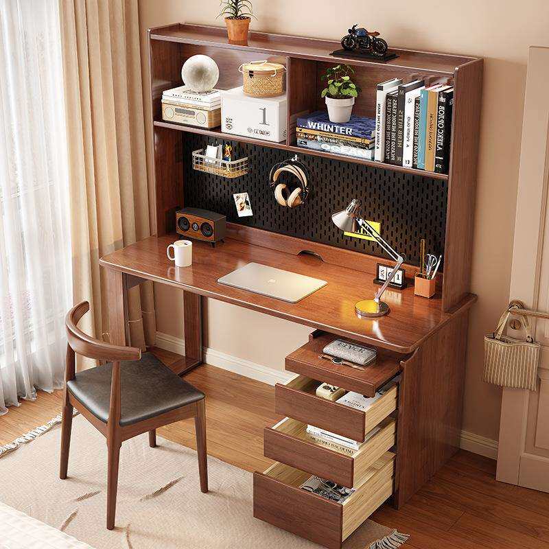 实木书桌带洞洞板书架书柜一体小孩学习写字桌卧室电脑桌子学习桌