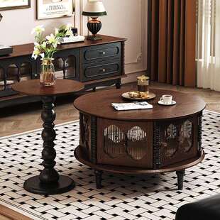 法式复古实木圆形茶几电视柜组合家用2024高级感小户型达尔茶桌几