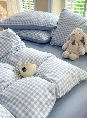 简约日系蓝色小格子春夏水洗云朵棉1.5m床单被套三四件套1.8床笠