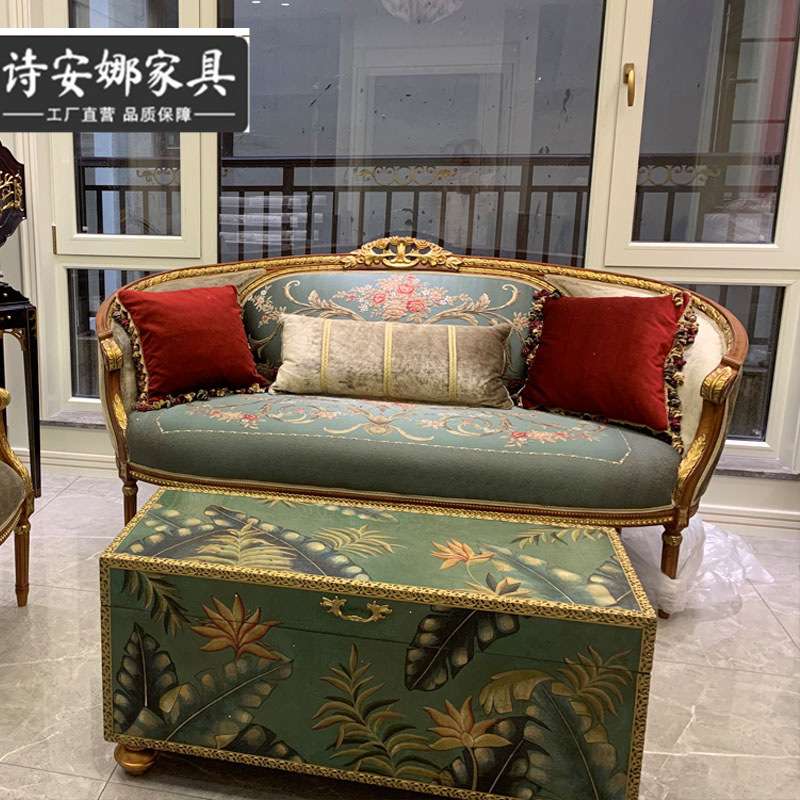 欧式复古古典实木别墅墨绿色花朵典雅 棕色单位沙发椅