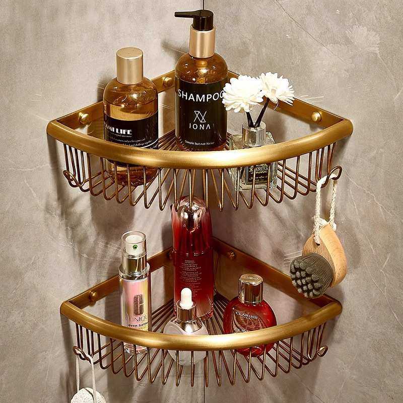 仿古浴室置物架酒店别墅全铜壁挂收纳转角架卫生间淋浴房三角网篮