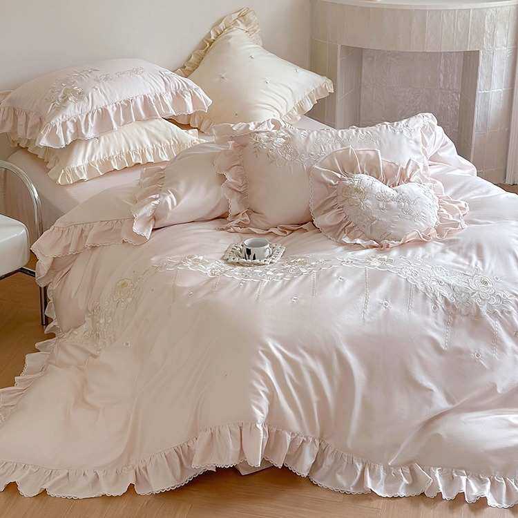粉色温柔风100支长绒棉四件套纯棉贡缎被套全棉荷叶边素雅床品1.8,3C数码配件,摄像机配件,淘宝优惠券,粉丝福利购,淘宝优惠卷