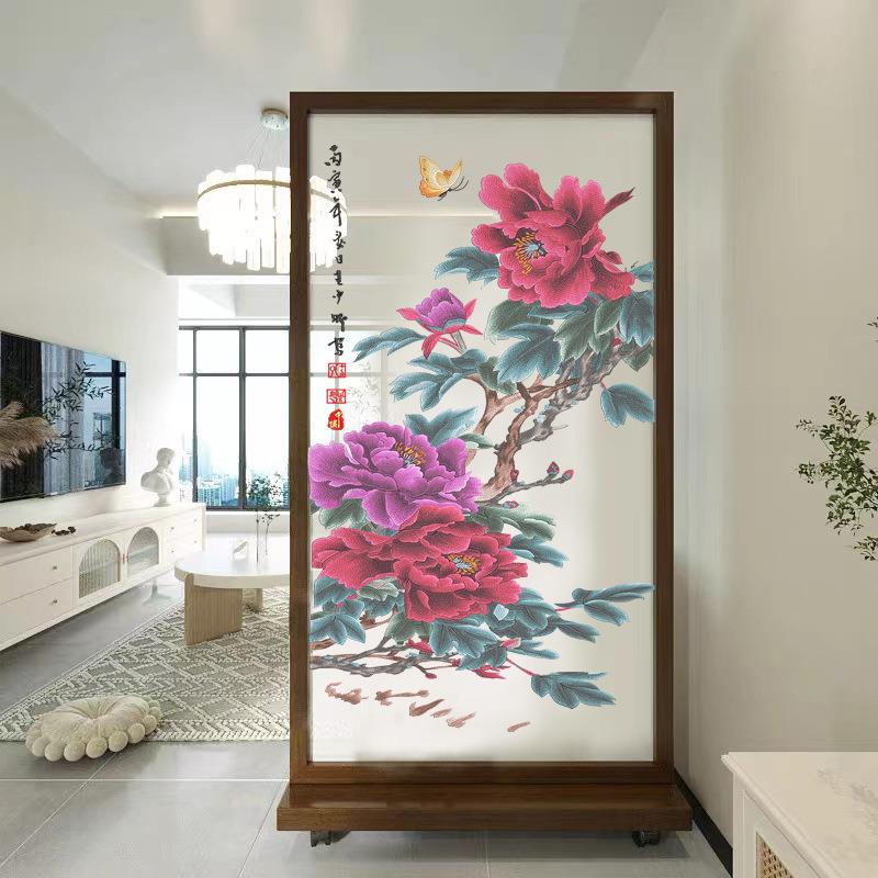半透明纱布画真丝墙布皮革弧形软硬包屏风玄关牡丹单双面刺绣苏绣