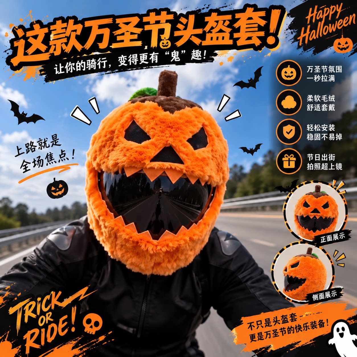 万圣节南瓜头套摩托车头盔装饰全盔毛绒卡通个性保护节日骑行配饰