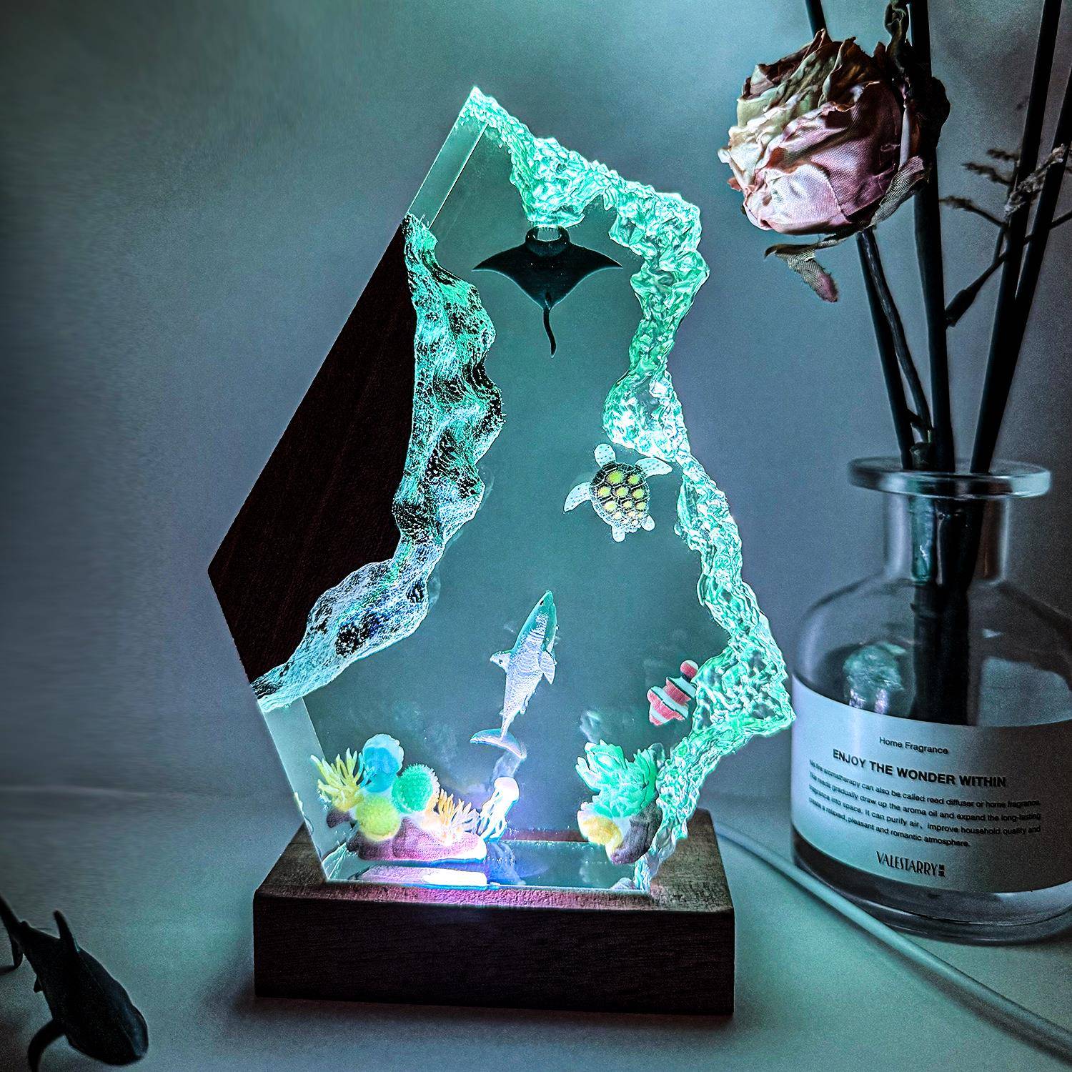 魔鬼鱼和海龟夜灯环氧树脂海洋灯深蓝色海底主题树脂灯节日礼物