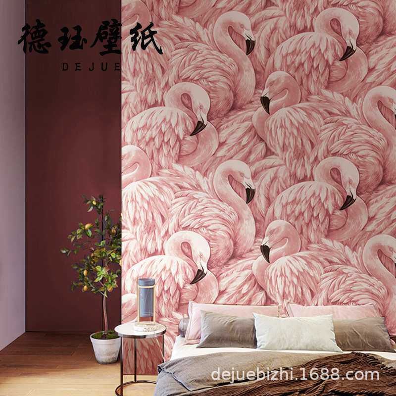 北欧粉色无纺布火烈鸟墙纸卧室房间客厅网红电视背景墙壁纸高级感