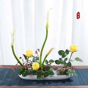 陶瓷花盆室内插花花器 一字型排列式插花器皿简约长型小原流花器