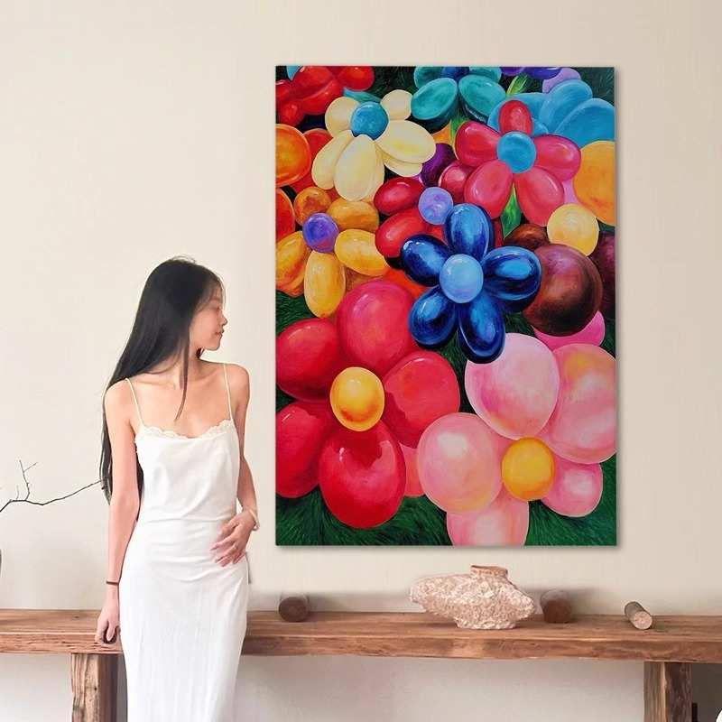 气球花卉手绘客厅玄关肌理感装饰画艺术多巴胺挂画手工无框画油画