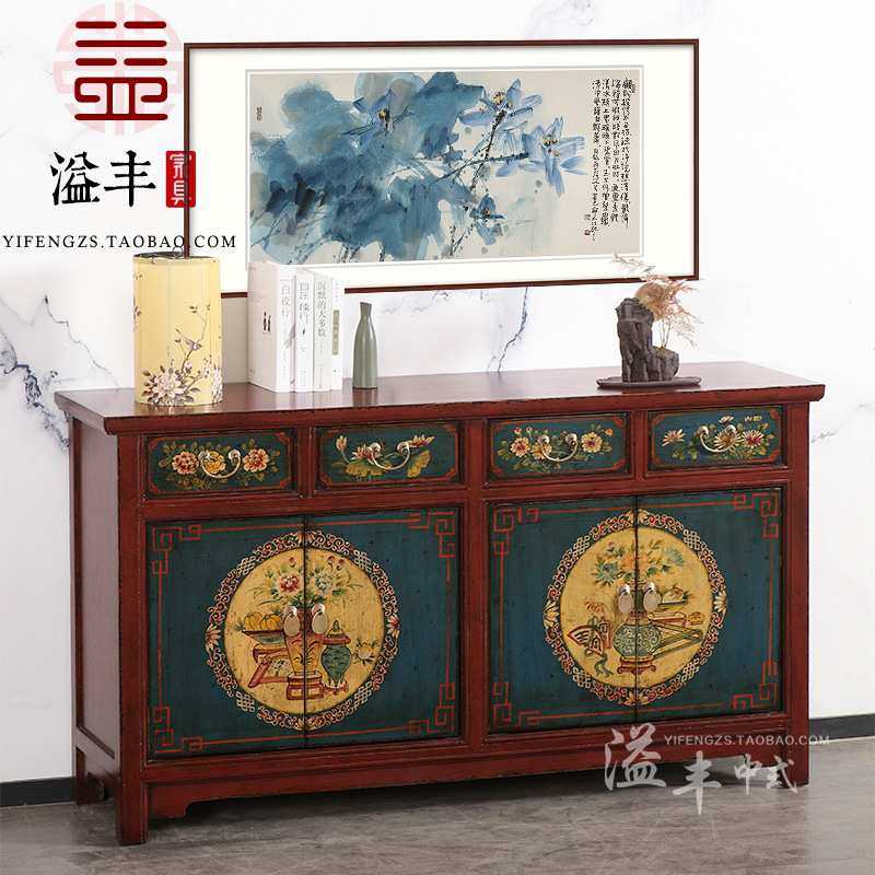 新中式餐边柜彩绘复古做旧实木门厅鞋柜玄关装饰储物柜复古酒水柜,3C数码配件,摄像机配件,淘宝优惠券,粉丝福利购,淘宝优惠卷