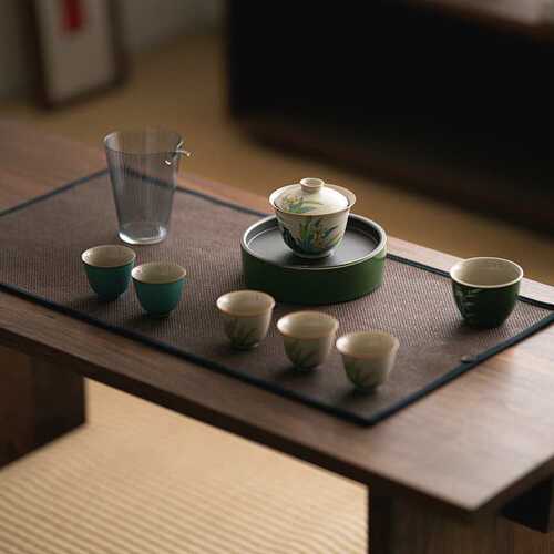 草木灰手绘兰花盖碗套装陶瓷茶杯盖碗品茗杯玻璃公杯铁盖壶承套组
