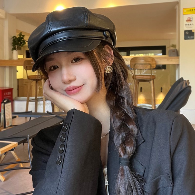 pu皮质黑色八角帽子女秋冬季英伦复古贝雷帽韩版潮春秋皮帽鸭舌帽