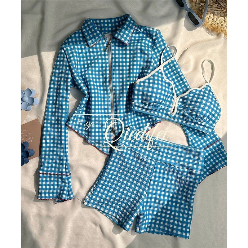 分体格子泳衣女罩衫长袖三件套防晒遮肚显瘦保守平角裤少女感度假