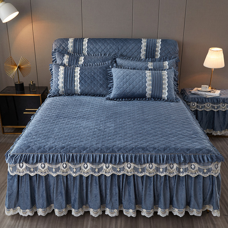 冬季铺床加厚床裙三件套全套床罩床头罩水晶绒夹棉防滑床单保护罩