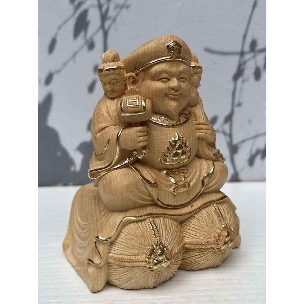 描金桧木精雕三面大黑天佛门七福神护法财神人物实木工艺品家居
