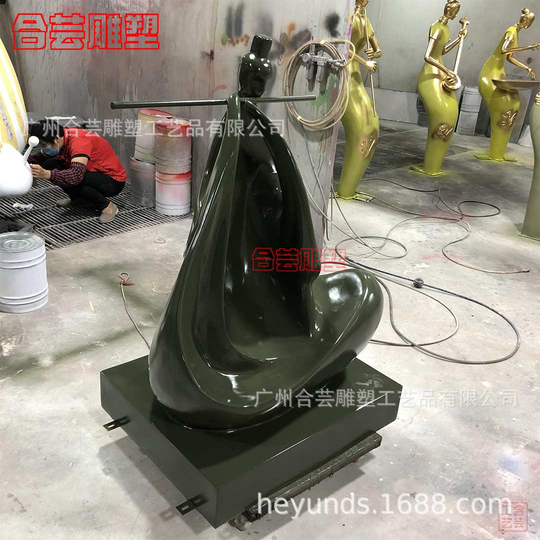 玻璃钢仿铜中式抽象吹笛子吹箫盘坐人物雕塑户外公园迎宾美陈摆件