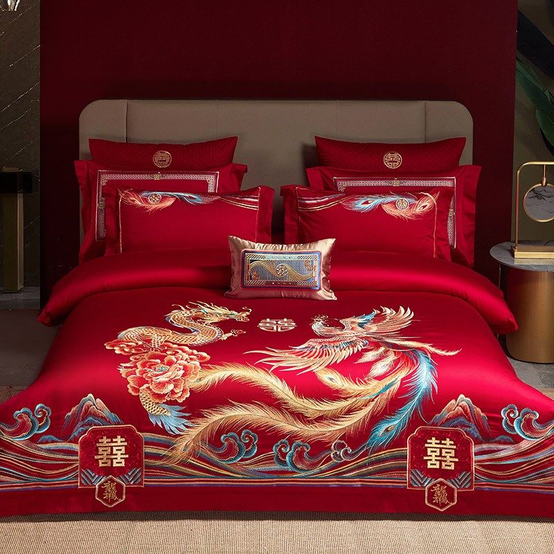 中式婚庆100S长绒棉四件套龙凤刺绣全棉结婚红色被套床单床上用品