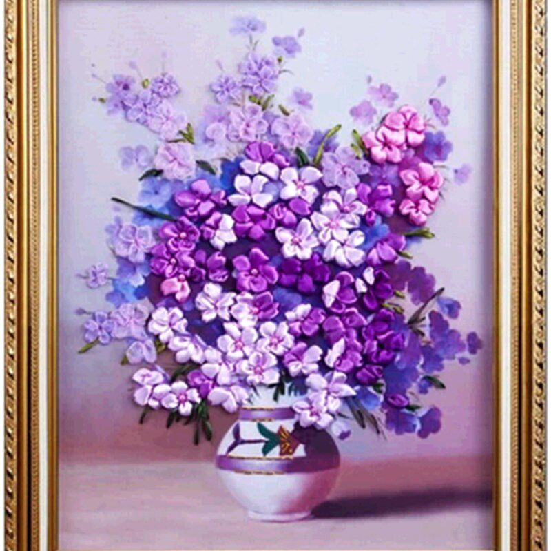 包邮3D印花束新款丝带绣客厅卧室三联挂画紫韵怡然黄欧式彩印十字