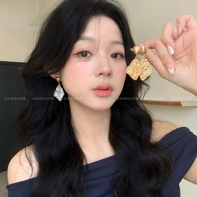 冷淡风金属几何褶皱吊坠耳环女轻奢高级感时尚耳钉气质方圆脸耳饰