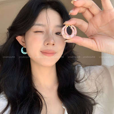 港风复古蓝色滴釉圈圈耳环女款轻奢高级感耳圈独特漂亮方圆脸耳饰