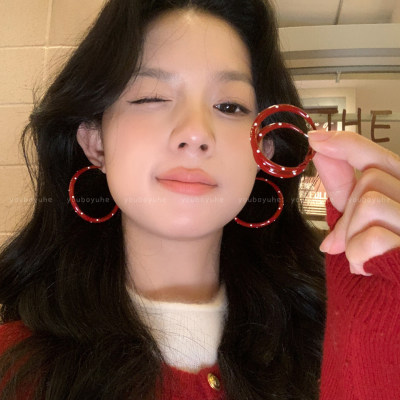 复古港风~酒红色波点滴釉耳圈女独特漂亮夸张耳环高级感轻奢耳饰