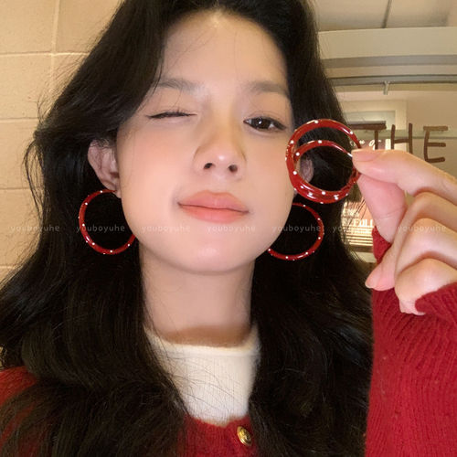 复古港风~酒红色波点滴釉耳圈女独特漂亮夸张耳环高级感轻奢耳饰