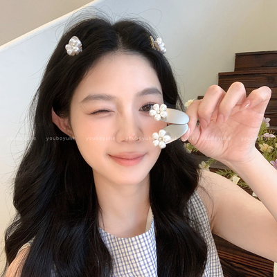 韩系温柔银色闪钻珍珠花朵BB夹