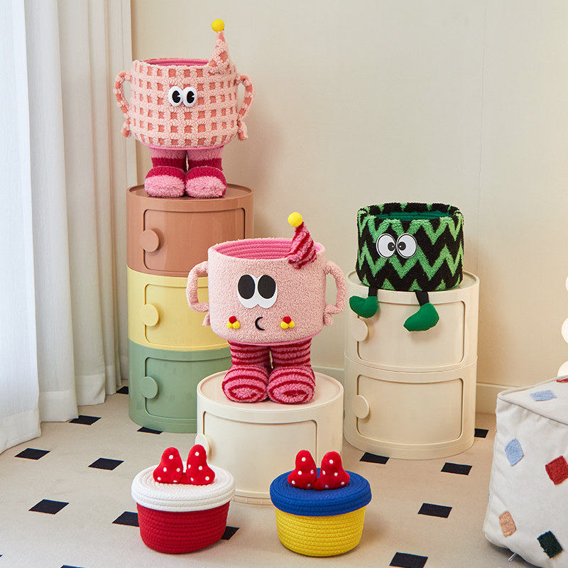 网红创意可爱小怪兽收纳筐多巴胺桌面编织篮摆件整理桶零食置物架