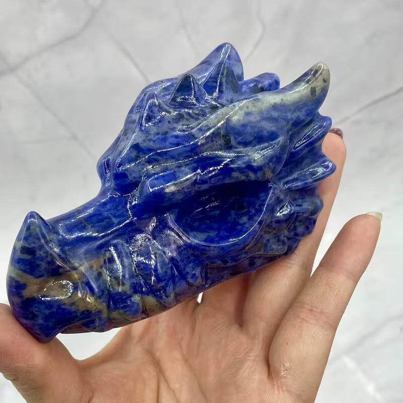 跨境热销天然水晶原石打磨蓝纹石龙头雕刻件家居办公装饰摆件