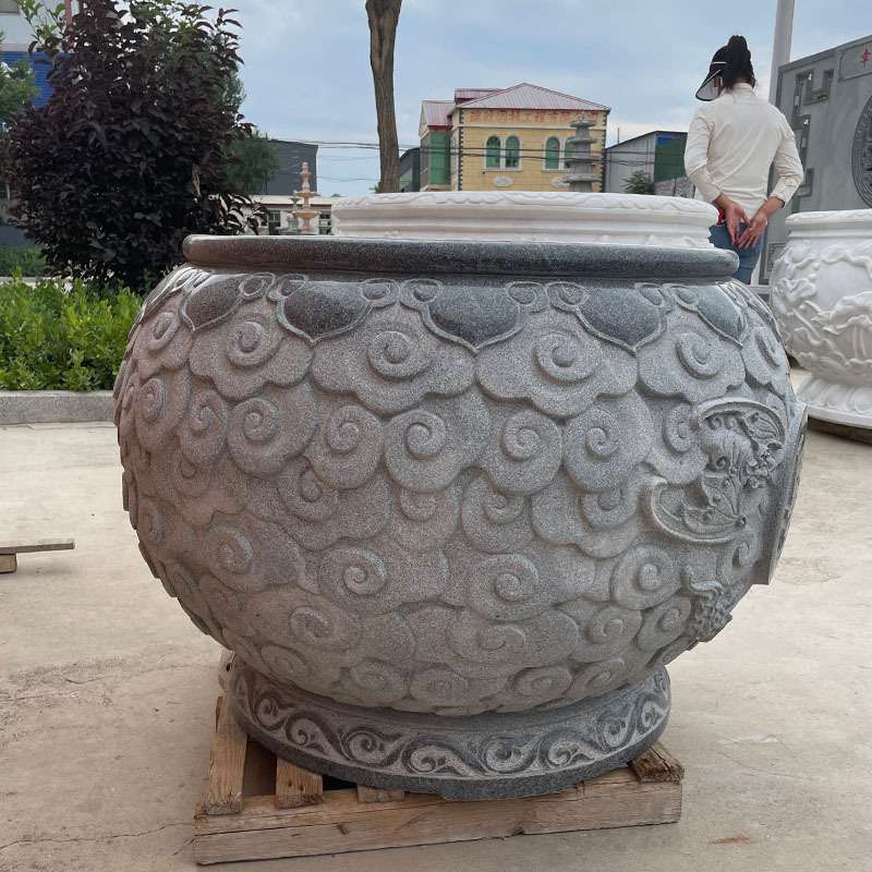 石雕花岗岩鱼缸青石荷花鱼缸花盆百福缸仿古庭院门海户外石缸圆盆