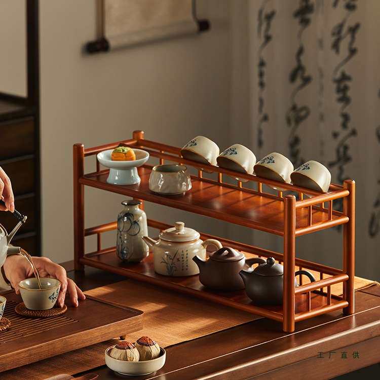 桌面博古架小型茶杯架子茶具收纳架紫砂壶置物架新中式装饰品摆件