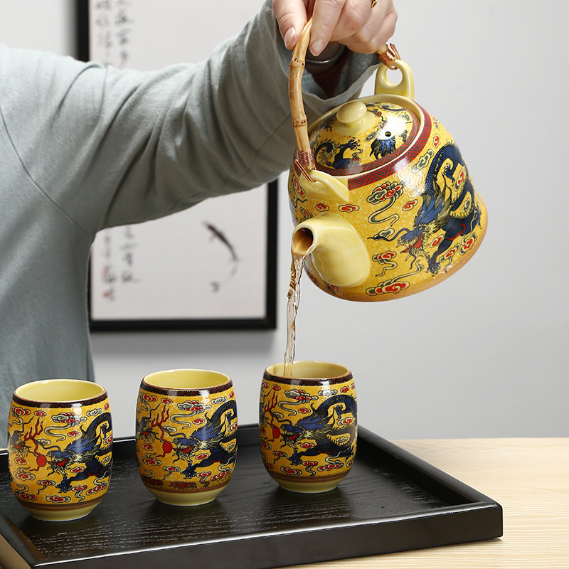 大容量提梁壶茶具整套陶瓷功夫泡茶具带过滤网托盘复古茶壶杯家用